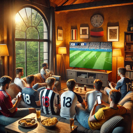 A cozy living room with fans watching an overseas soccer match on TV while engaging on social media.