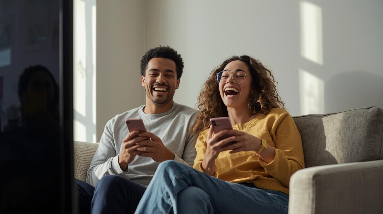 Two friends laughing while streaming TV shows and scrolling through social media.