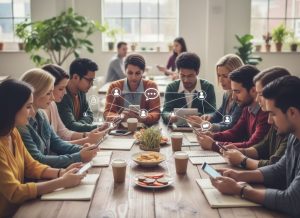 A group of people using their smart devices while sitting in a long table