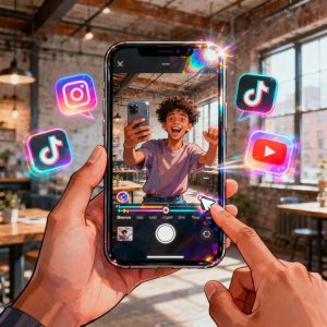 Smartphone screen showing short-form video editing, creator filming quick content, social media icons floating
