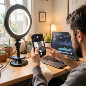Young content creator filming a social media video on a smartphone, ring light setup in a cozy workspace