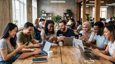 A diverse group of people interacting through smartphones and laptops in a modern collaborative setting